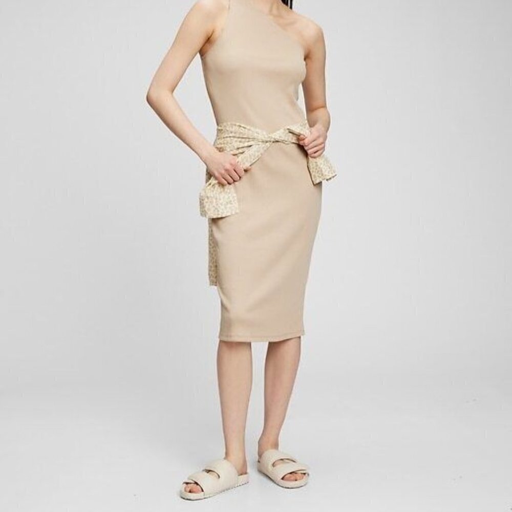 Gap One Shoulder Sleeveless Rib Midi Dress Woman's Beige Size Large NWT